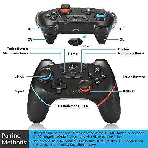 SPGOOD Mandos inalámbrico para Nintendo Switch, Bluetooth Wireless Mando Pro para Nintendo Switch/Switch Lite, Switch Remote Controller Gamepad con Turbo Dual Shock Gyro 6 ejes Somatosensory