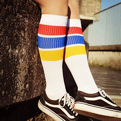 Spirit of 76 Oldschool Classix Hi | Calcetines de patinaje retro con rayas | blanco, azul, rojo y amarillo | hasta la rodilla | elegantes unisex Blanco, azul, rojo, amarillo. 35-38