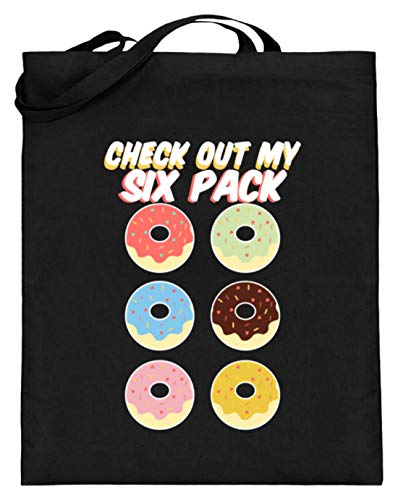 Spiritshop Check Out My Six Pack – Donuts, como un músculo Sixpack – Bolsa de yute (con asas largas), Algodón, Negro, 38cm-42cm