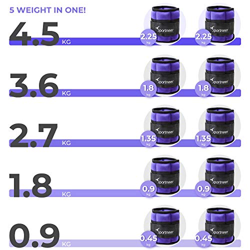 Sportneer - Juego de 2 Pesas para Tobillo y muñeca (0.97 g hasta 4.6 kg), Color Negro (Negro y púrpura)