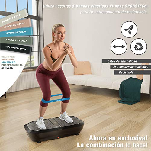 Sportstech 3D Plataforma Vibratoria VP300 | Mega Quema Grasa + 5 Bandas de Fitness Extra | Gran Superficie + 2 Motores de 1000W de Potencia + Altavoces Bluetooth + Mando a Distancia y Póster