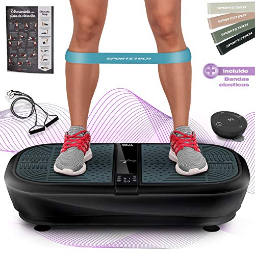 Sportstech 3D Plataforma Vibratoria VP300 | Mega Quema Grasa + 5 Bandas de Fitness Extra | Gran Superficie + 2 Motores de 1000W de Potencia + Altavoces Bluetooth + Mando a Distancia y Póster