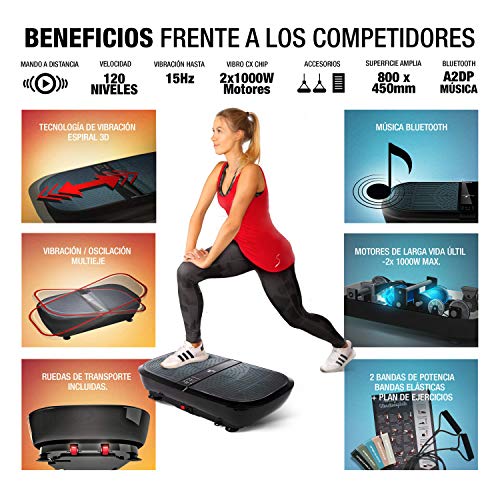 Sportstech 3D Plataforma Vibratoria VP300 | Mega Quema Grasa + 5 Bandas de Fitness Extra | Gran Superficie + 2 Motores de 1000W de Potencia + Altavoces Bluetooth + Mando a Distancia y Póster