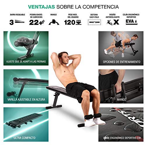 Sportstech Banco de Pesas 30en1 BRT100, Plegado Inteligente, diseño Antideslizante, con Acolchado ergonómico EVA, prática asa de Transporte, Banco Plano de Fitness, Entrenador Abdominal