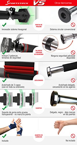 Sportstech KS200 Barra dominadas para Puerta con Sistema Hexagonal Patentado. Palanca tensora de Seguridad, 6 Puntos de presión. Carga máxima 300kg. Incluye Guantes y eBook Gratis - Barra musculacion
