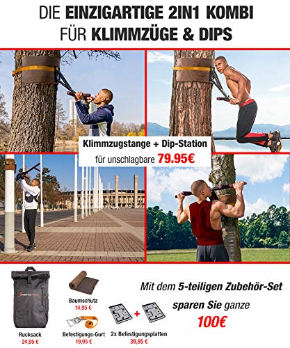 Sportstech Premium 2en1 Barra de dominadas & Dips KS700 | Montaje fácil | Barra de dominadas Portable - casa + Pared + árbol | Más de 40 Ejercicios | Set: Correa, Mochila, Protector de árbol + eBook