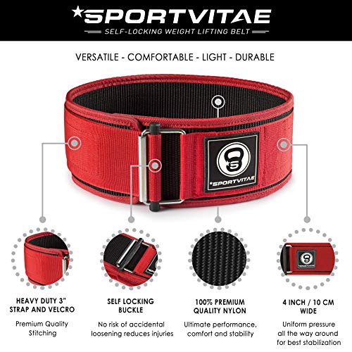 Sportvitae - Cinturón AUTOBLOCANTE Levantamiento de Pesas Nailon - Ideal Crossfit Musculación Halterofilia Powerlifting Fitness Entrenamientos de Fuerza - Ligero Resistente Ajustable - Hombre y Mujer