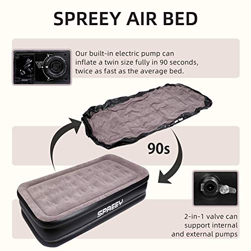 SPREEY Colchón de Aire Colchoneta Inflable Individual Bomba Eléctrica Incorporada 197 * 97 * 57 cm, con Tecnología de Fibra, con Capa Flocada, Fácil de Usar y Almacenar