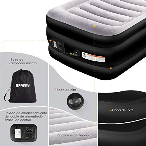 SPREEY Colchón Hinchable de Aire-Cama de Aire Individual Inflable 196 × 97 × 51cm, Bomba eléctrica integrada, Capa flocada, con Bolsa de Almacenamiento, Regalo/Invitados de Bienvenida/Camping/Viaje SPREEY Colchón Hinchable de Aire-Cama de Aire Individual Inflable 196 × 97 × 51cm, Bomba eléctrica integrada, Capa flocada, con Bolsa de Almacenamiento, Regalo/Invitados de Bienvenida/Camping/Viaje
