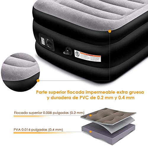 SPREEY Colchón Hinchable de Aire-Cama de Aire Individual Inflable 196 × 97 × 51cm, Bomba eléctrica integrada, Capa flocada, con Bolsa de Almacenamiento, Regalo/Invitados de Bienvenida/Camping/Viaje