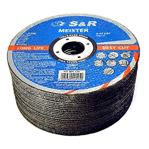 S&R Disco de corte 125 mm para Metal y Hierro 125 x2, 0x22, 23 mm A30 S-BF para uso profesional. Juego de 25 discos 125 metal para amoladora angular. S&R Disco de corte 125 mm para Metal y Hierro 125 x2, 0x22, 23 mm A30 S-BF para uso profesional. Juego de 25 discos 125 metal para amoladora angular.