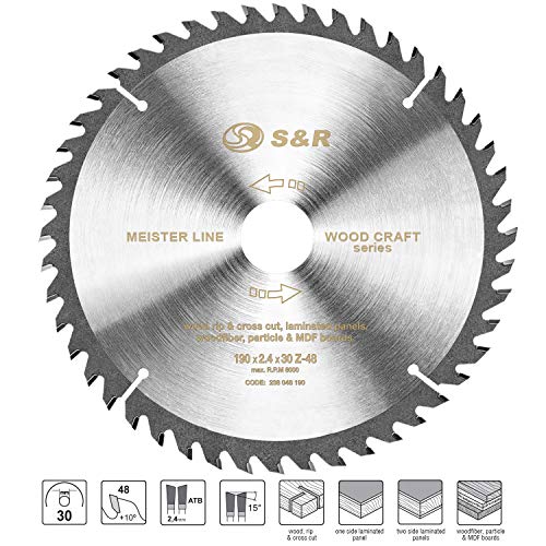 S&R Hoja de sierra circular de 190 mm x 30 mm x 2,4mm 48Dientes / Disco para Madera de Calidad Profesional