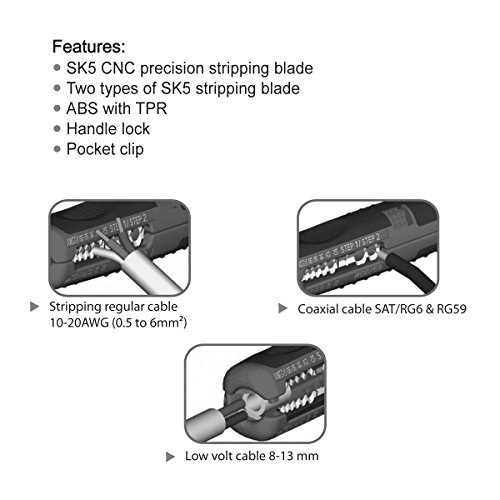 S&R Pelacables de precisión, herramienta pelacables universal, para cables AWG 10–20, SAT/RG6 y RG59, Cables de bajo voltaje de 8 – 13 mm