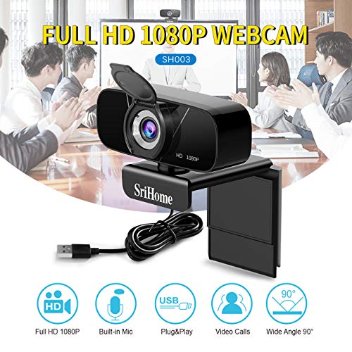 SriHome Webcam PC Full HD 1080P con Micrófono Estéreo, Webcam Portátil para PC, Webcam USB 2.0, Streaming Cámara Reducción de Ruido para Videollamadas, Grabación, Conferencias con Clip Giratorio