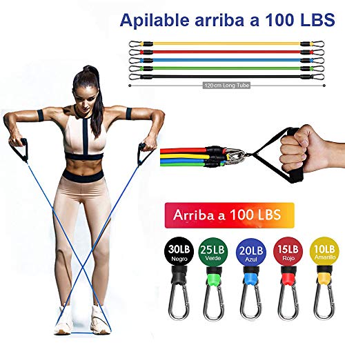 SSAWcasa Bandas de Resistencia Fitness 5 Tubos Bandas Elásticas Fitness Ejercicios Apilable hasta 100 Libras con Asas, Correas de Tobillo y Anclaje Gimnasio, Crossfit, Culturismo, Fisioterapia