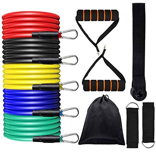 SSAWcasa Bandas de Resistencia Fitness 5 Tubos Bandas Elásticas Fitness Ejercicios Apilable hasta 100 Libras con Asas, Correas de Tobillo y Anclaje Gimnasio, Crossfit, Culturismo, Fisioterapia