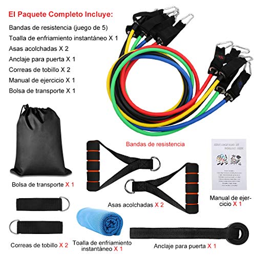 SSAWcasa Bandas Ejercicio Elastica Fitness 13 PCS Látex Bandas de Resistencia - 5 Tubos Cuerda Bandas con Asas, Correas de Tobillo y Anclaje, Bolsa de Transporte Toalla de Enfriamiento Instantáneo