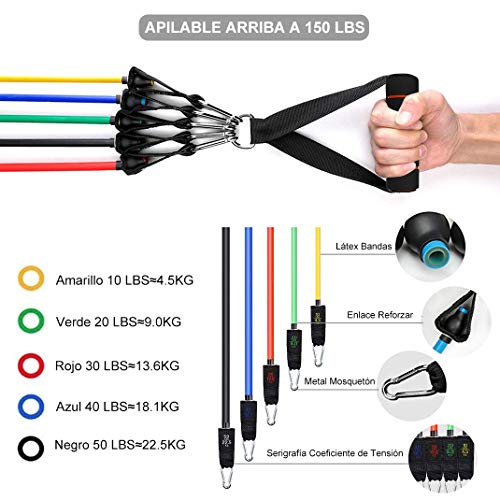 SSAWcasa Bandas Ejercicio Elastica Fitness 13 PCS Látex Bandas de Resistencia - 5 Tubos Cuerda Bandas con Asas, Correas de Tobillo y Anclaje, Bolsa de Transporte Toalla de Enfriamiento Instantáneo