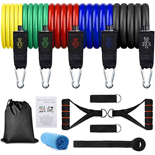 SSAWcasa Bandas Ejercicio Elastica Fitness 13 PCS Látex Bandas de Resistencia - 5 Tubos Cuerda Bandas con Asas, Correas de Tobillo y Anclaje, Bolsa de Transporte Toalla de Enfriamiento Instantáneo