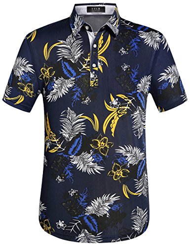 SSLR Polos Hombre Manga Corta Modelo Hawaiano de Flores (Medium, Navy)