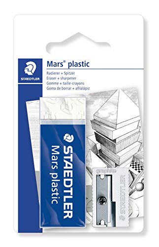 Staedtler Mars Plastic 526-S3BK2D. Blíster con una goma de borrar blanca con faja de cartón y un sacapuntas de acero. Staedtler Mars Plastic 526-S3BK2D. Blíster con una goma de borrar blanca con faja de cartón y un sacapuntas de acero.
