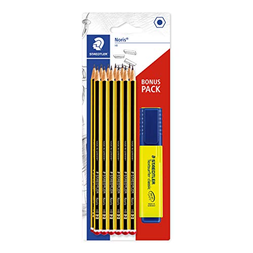 STAEDTLER Noris 120 BK12P1, Lápices de Madera Certificada, Paquete con 12 Lapiceros Hb y un Subrayador Amarillo 364-1, Multicolor