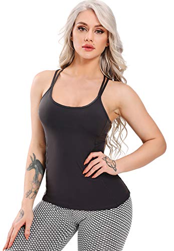 STARBILD Femmes Hauts Top de Sport Été Blouse T-Shirt Débardeur Gilet Dos Nageur Sans Manches Maillot Casual Yoga Gym Musculation, B-Noir XS