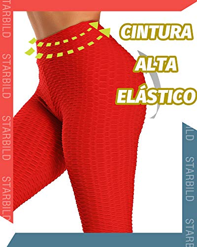 STARBILD Leggings de Fitness Mallas Pántalones Largos Deportivos Cintura Alta Elástico Control de Barriga para Mujer Yoga Gimnasio #Booty-Rojo XS
