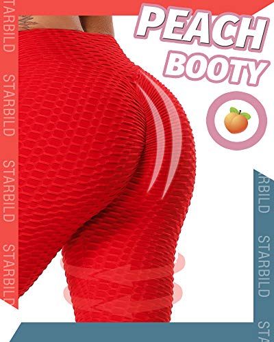 STARBILD Leggings de Fitness Mallas Pántalones Largos Deportivos Cintura Alta Elástico Control de Barriga para Mujer Yoga Gimnasio #Booty-Rojo XS