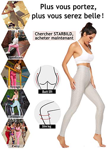 STARBILD Leggings de Sport Femme Anti-Cellulite Pantalon de Compression Taille Haute Fesse Remontée Sexy Amincissant Plissé Slim Push Up Yoya Fitness, Gris Clair L