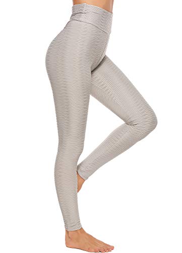 STARBILD Leggings de Sport Femme Anti-Cellulite Pantalon de Compression Taille Haute Fesse Remontée Sexy Amincissant Plissé Slim Push Up Yoya Fitness, Gris Clair L