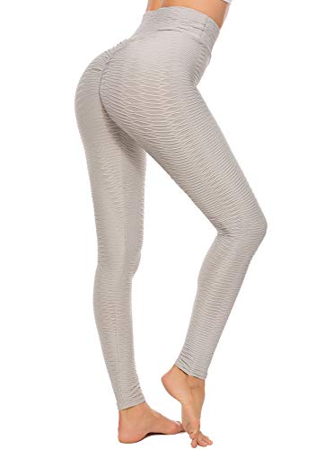 STARBILD Leggings de Sport Femme Anti-Cellulite Pantalon de Compression Taille Haute Fesse Remontée Sexy Amincissant Plissé Slim Push Up Yoya Fitness, Gris Clair L