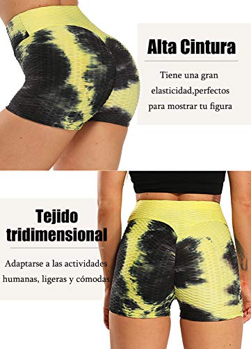 STARBILD Shorts de Fitness Moda Mallas Pántalones Cortos Deportivos de Skinny Elástico Alta Cintura para Mujer Yoga Gimnasio Amarillo+Negro X-Large