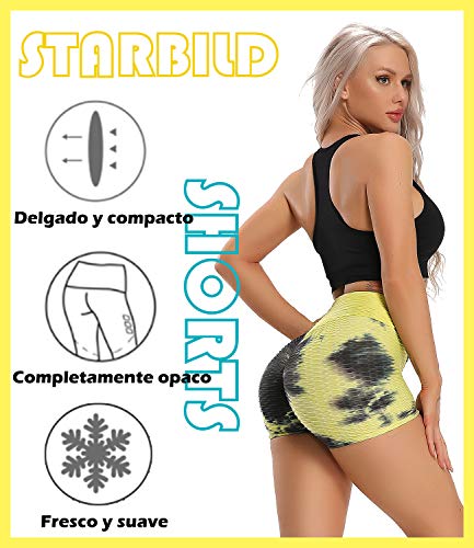 STARBILD Shorts de Fitness Moda Mallas Pántalones Cortos Deportivos de Skinny Elástico Alta Cintura para Mujer Yoga Gimnasio Amarillo+Negro X-Large