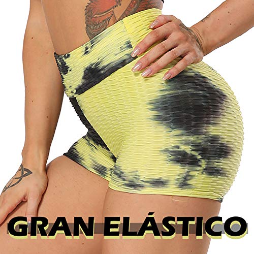 STARBILD Shorts de Fitness Moda Mallas Pántalones Cortos Deportivos de Skinny Elástico Alta Cintura para Mujer Yoga Gimnasio Amarillo+Negro X-Large