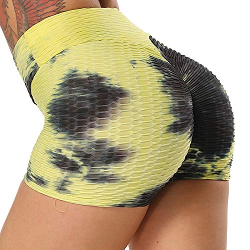 STARBILD Shorts de Fitness Moda Mallas Pántalones Cortos Deportivos de Skinny Elástico Alta Cintura para Mujer Yoga Gimnasio Amarillo+Negro X-Large