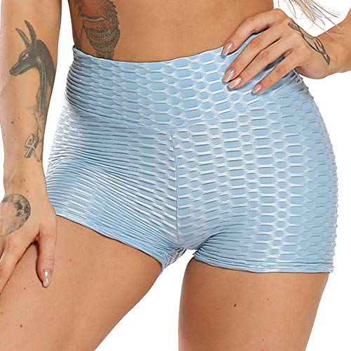 STARBILD Shorts de Fitness Moda Mallas Pántalones Cortos Deportivos de Skinny Elástico Alta Cintura para Mujer Yoga Gimnasio Azul Claro M