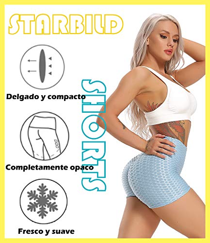 STARBILD Shorts de Fitness Moda Mallas Pántalones Cortos Deportivos de Skinny Elástico Alta Cintura para Mujer Yoga Gimnasio Azul Claro M