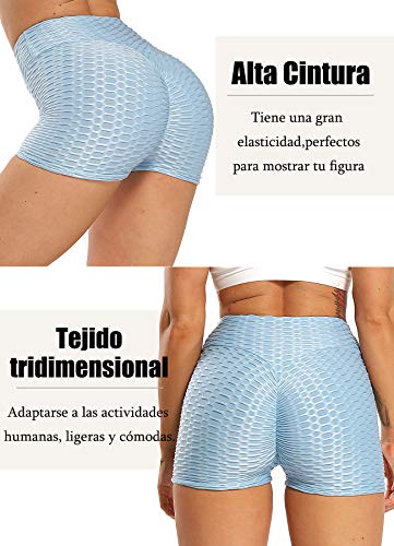 STARBILD Shorts de Fitness Moda Mallas Pántalones Cortos Deportivos de Skinny Elástico Alta Cintura para Mujer Yoga Gimnasio Azul Claro M