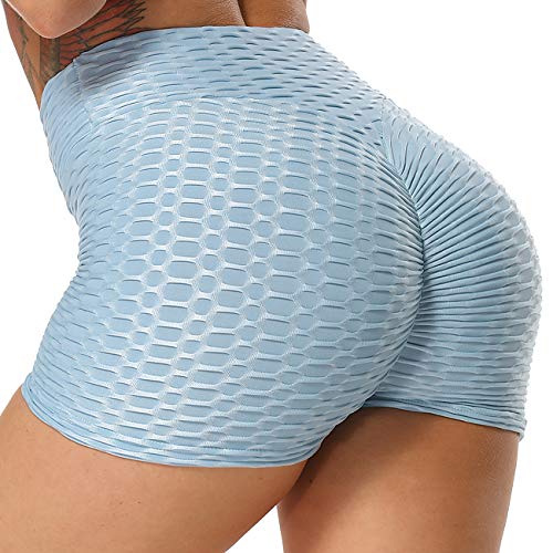 STARBILD Shorts de Fitness Moda Mallas Pántalones Cortos Deportivos de Skinny Elástico Alta Cintura para Mujer Yoga Gimnasio Azul Claro M