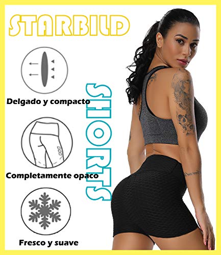 STARBILD Shorts de Fitness Moda Mallas Pántalones Cortos Deportivos de Skinny Elástico Alta Cintura para Mujer Yoga Gimnasio Negro M