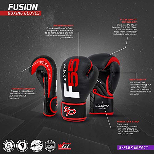 Starpro F55 Fusion Guantes de Boxeo | Cuero Cronos sintético de Primera Calidad |Negro y Rojo| para Entrenamiento Profesional y Sparring en Muay Thai Kickboxing Fitness boxercise |Hombres y Mujeres|