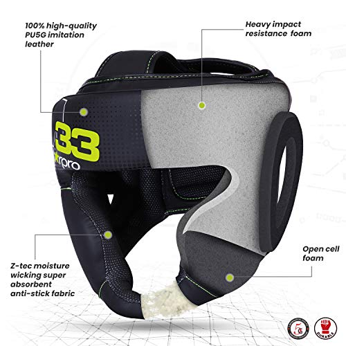 Starpro M33 Casco Boxeo | Cuero sintético Mate | Negro y Verde | Protección para la Cabeza y Las mejillas para Sparring en Boxeo Muay Thai Kickboxing Fighting & Training | Hombres y Mujeres