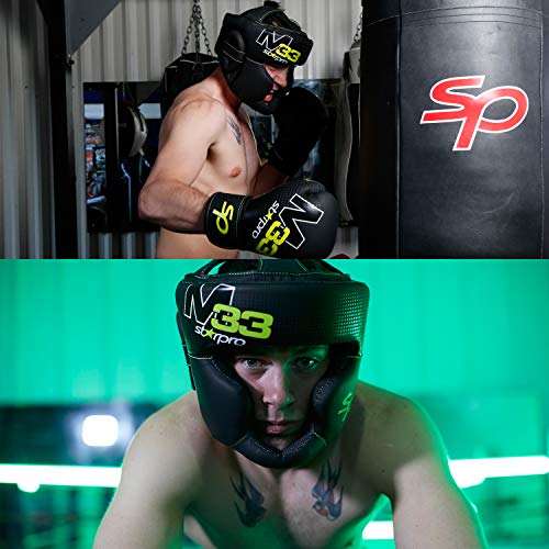 Starpro M33 Casco Boxeo | Cuero sintético Mate | Negro y Verde | Protección para la Cabeza y Las mejillas para Sparring en Boxeo Muay Thai Kickboxing Fighting & Training | Hombres y Mujeres