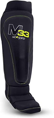 Starpro M33 Espinilleras con Empeine | Cuero sintético | Negro Mate y Verde | Protección de piernas y pies para Sparring MMA Kickboxing Artes Marciales Muay Thai y Karate | Hombres y Mujeres