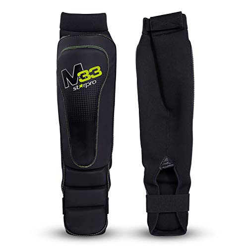 Starpro M33 Espinilleras con Empeine | Cuero sintético | Negro Mate y Verde | Protección de piernas y pies para Sparring MMA Kickboxing Artes Marciales Muay Thai y Karate | Hombres y Mujeres