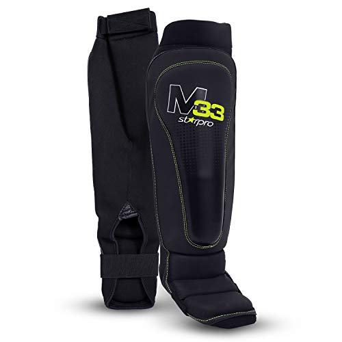 Starpro M33 Espinilleras con Empeine | Cuero sintético | Negro Mate y Verde | Protección de piernas y pies para Sparring MMA Kickboxing Artes Marciales Muay Thai y Karate | Hombres y Mujeres