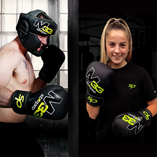Starpro M33 Single Shell Guantes de Boxeo |Cuero sintético Mate| Negro y Verde |para Entrenamiento y Sparring en Muay Thai Kickboxing Fitness and Boxercise|Hombres y Mujeres| 8oz 10oz 12oz 14oz 16oz
