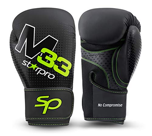 Starpro M33 Single Shell Guantes de Boxeo |Cuero sintético Mate| Negro y Verde |para Entrenamiento y Sparring en Muay Thai Kickboxing Fitness and Boxercise|Hombres y Mujeres| 8oz 10oz 12oz 14oz 16oz