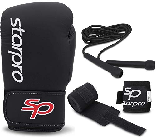 Starpro Paquete de formación | Bolsa de PU de 12 oz Guantes Cuerda para Saltar de Goma y Vendas de Mano de 2.55 m | Negro | para Entrenamiento en Boxeo Muay Thai Kickboxing y Fitness